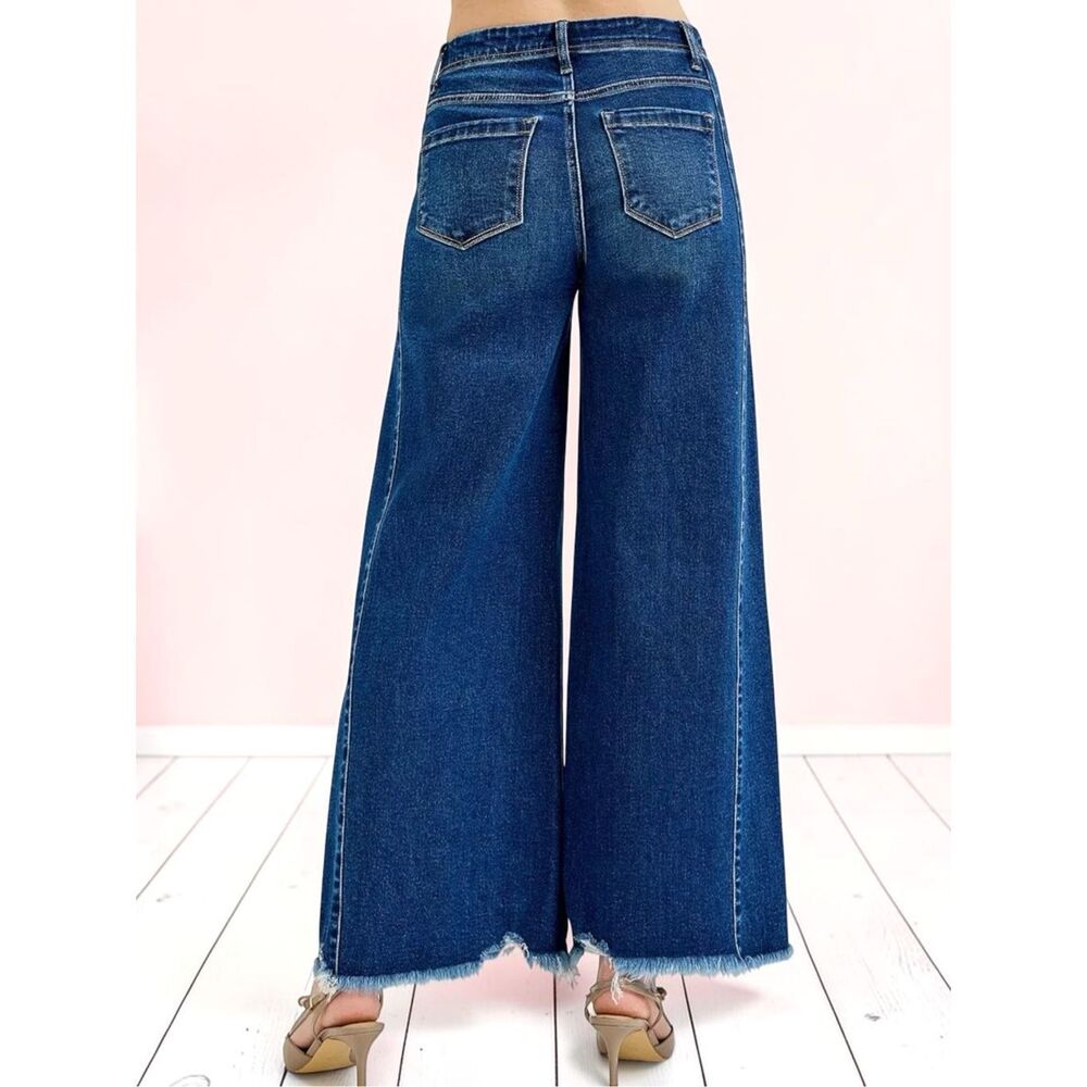 Risen High Rise Dark Wash Wide Leg Raw Hem Stretch Denim Jeans NWT - Picture 9 of 14